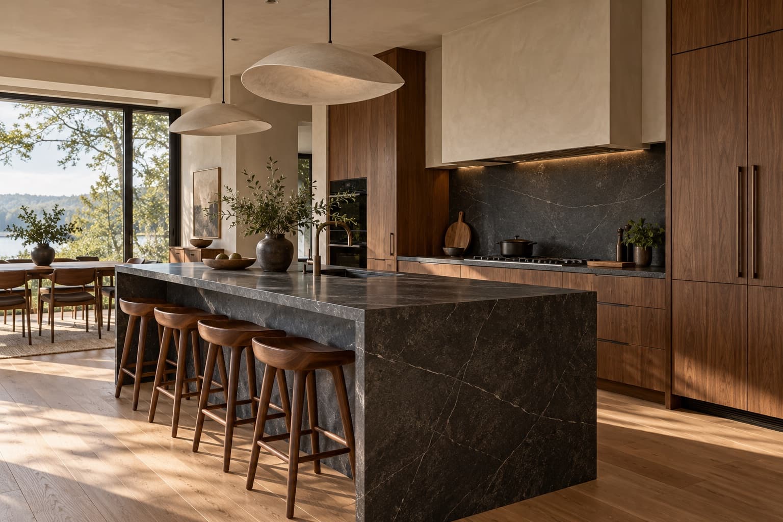 Concept image of a warm contemporary kitchen with walnut cabinetry